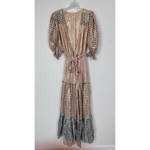 LoveShackFancy Maxi Dress Women’s Medium Wrap Tiered Metallic Gingham